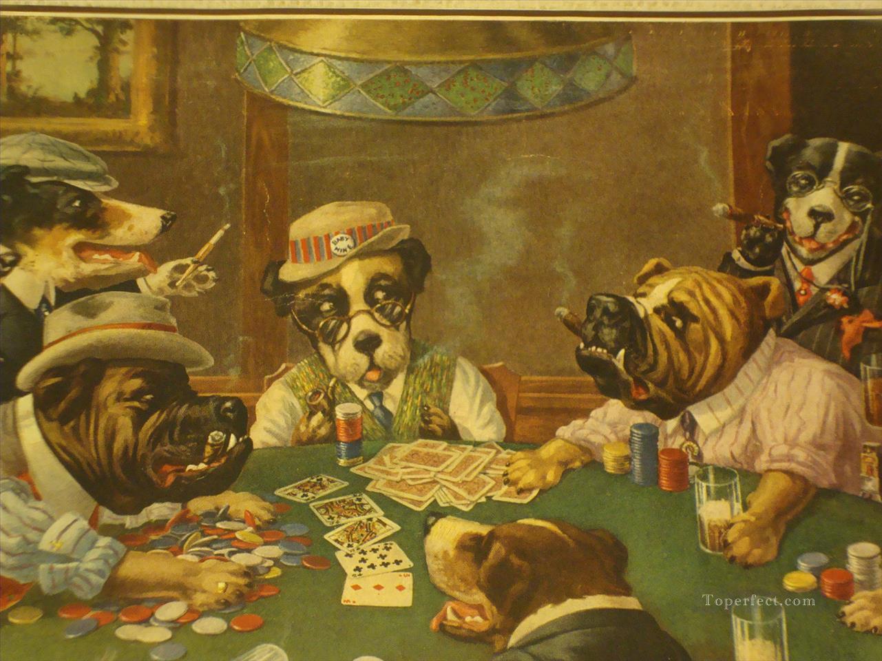 ポーカー葉巻をする犬油絵